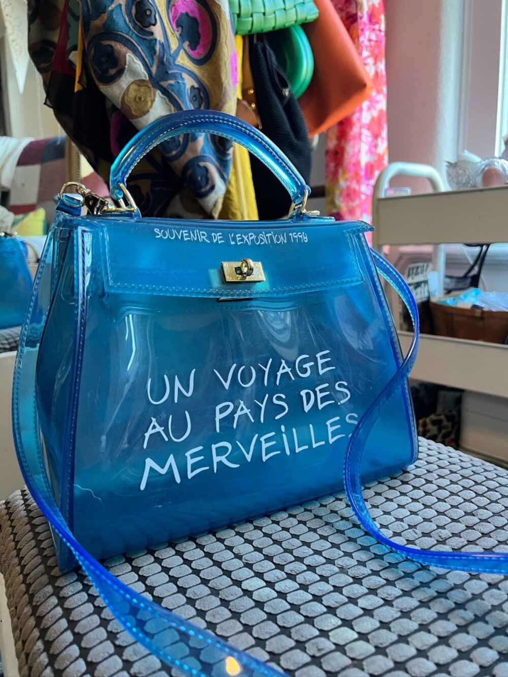 Un Voyage Blue Jelly Transparent Crossbody Bag French Graphic - 1998